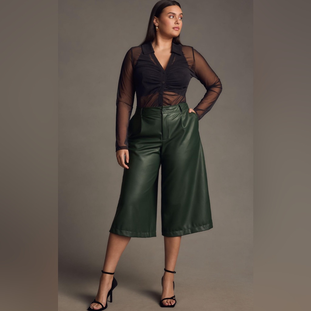 Anthropologie Faux Leather Dark Green Wide Leg Culottes Size 18 New With Tags